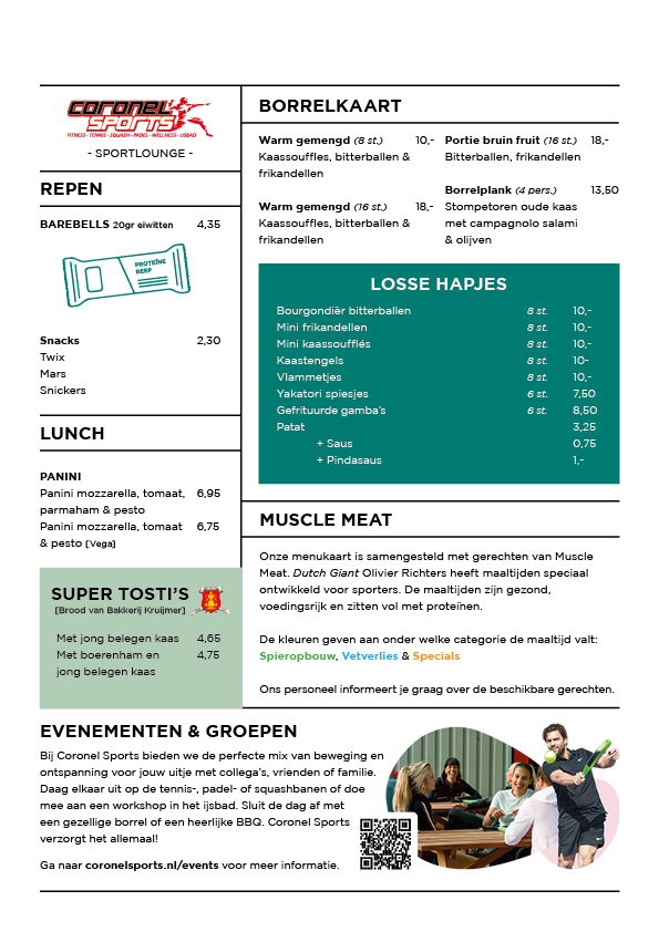 Menukaart | Coronel Sports Huizen